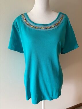 Rafaella XXL Embellished Scoop Neck, Tiny Ribbed Knit  Top - Teal Plus Size XXL
